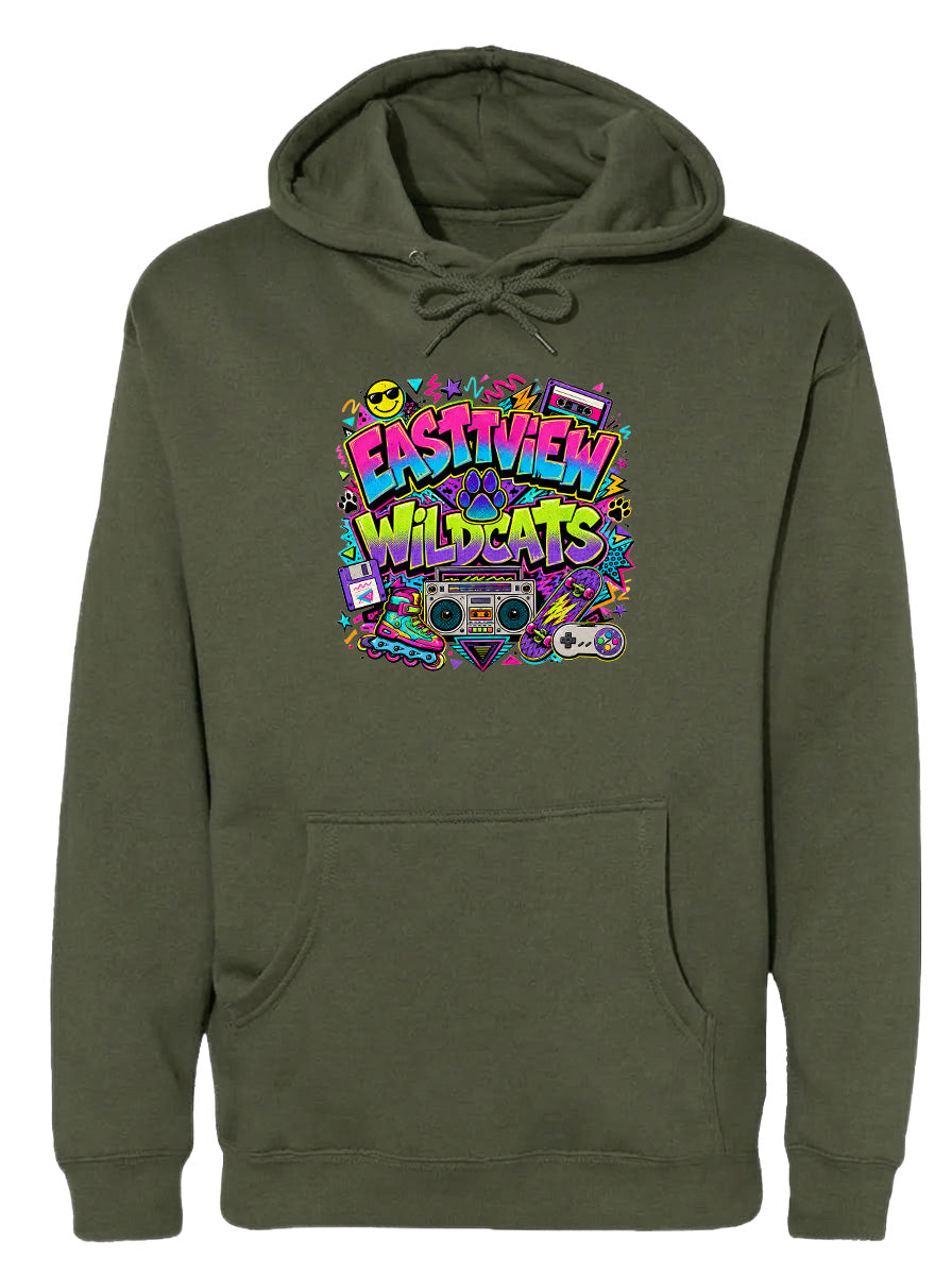 A green hoodie with a colorful graphic design featuring a boombox, sunglasses, and various other elements.