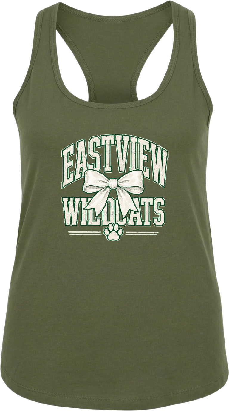 A green tank top with the text "EASTVIEW WILDCATS" printed on it, along with a bow and paw prints.