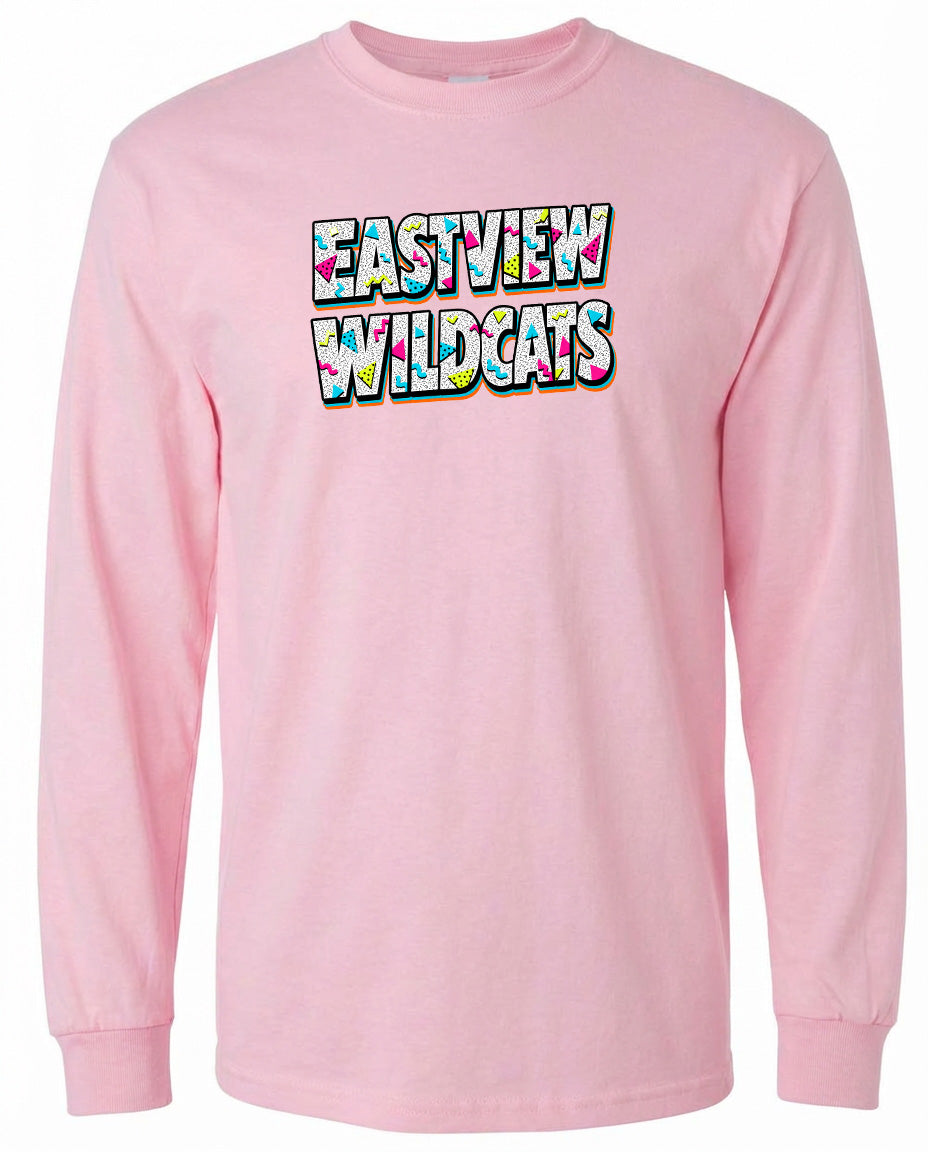 A pink long-sleeved t-shirt with the text "EASTVIEW WILDGATTS" printed on it.