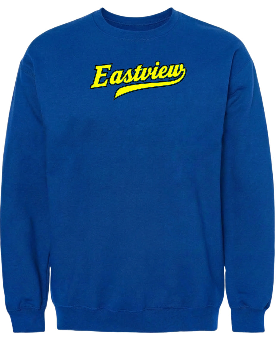 A blue sweatshirt with the word "Eastview" printed in yellow on the front.