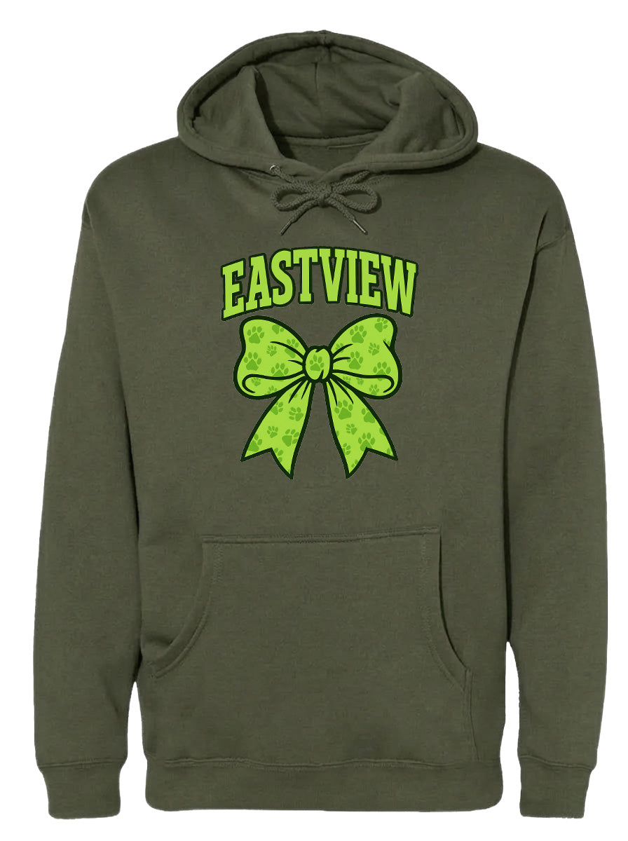 A dark green hoodie with a large green bow and the word "EASTVIEW" printed on it.