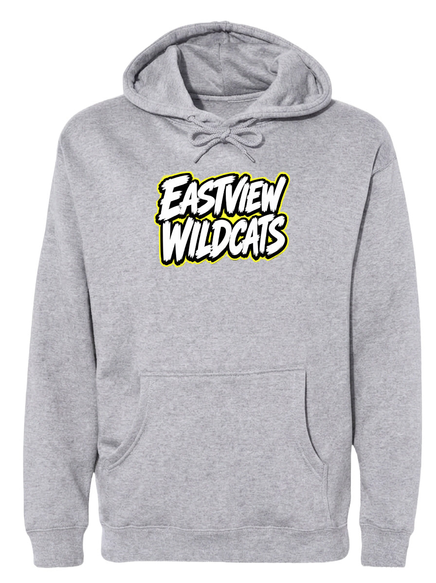 A gray hoodie with a logo on the front.
