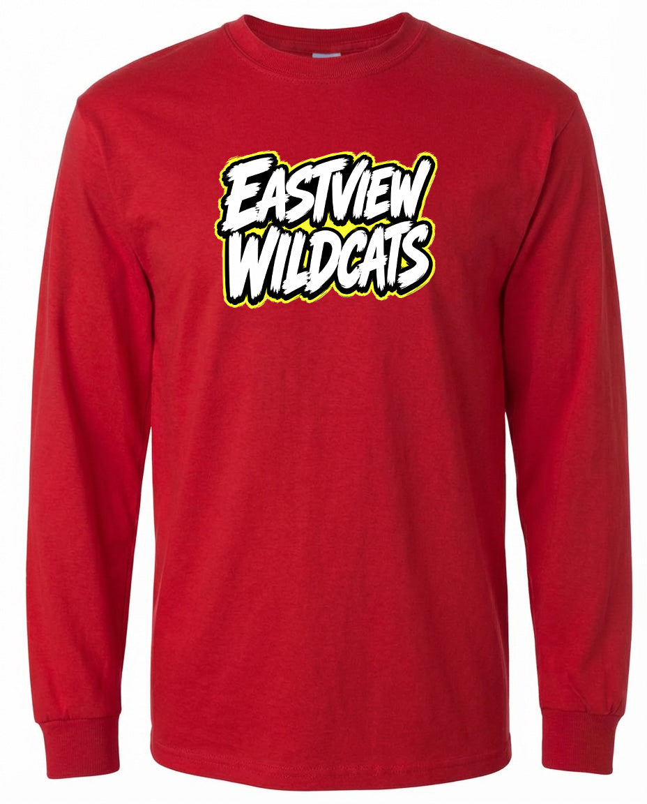 A red long-sleeved t-shirt with the text "EASTVIEW WILDCATS" printed on it in a stylized font.