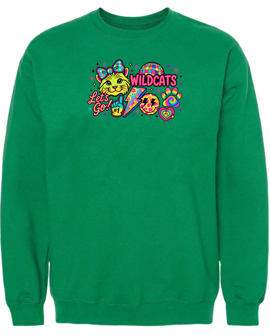A bright green sweatshirt with a colorful graphic design featuring a cat, a rainbow, and various other elements.