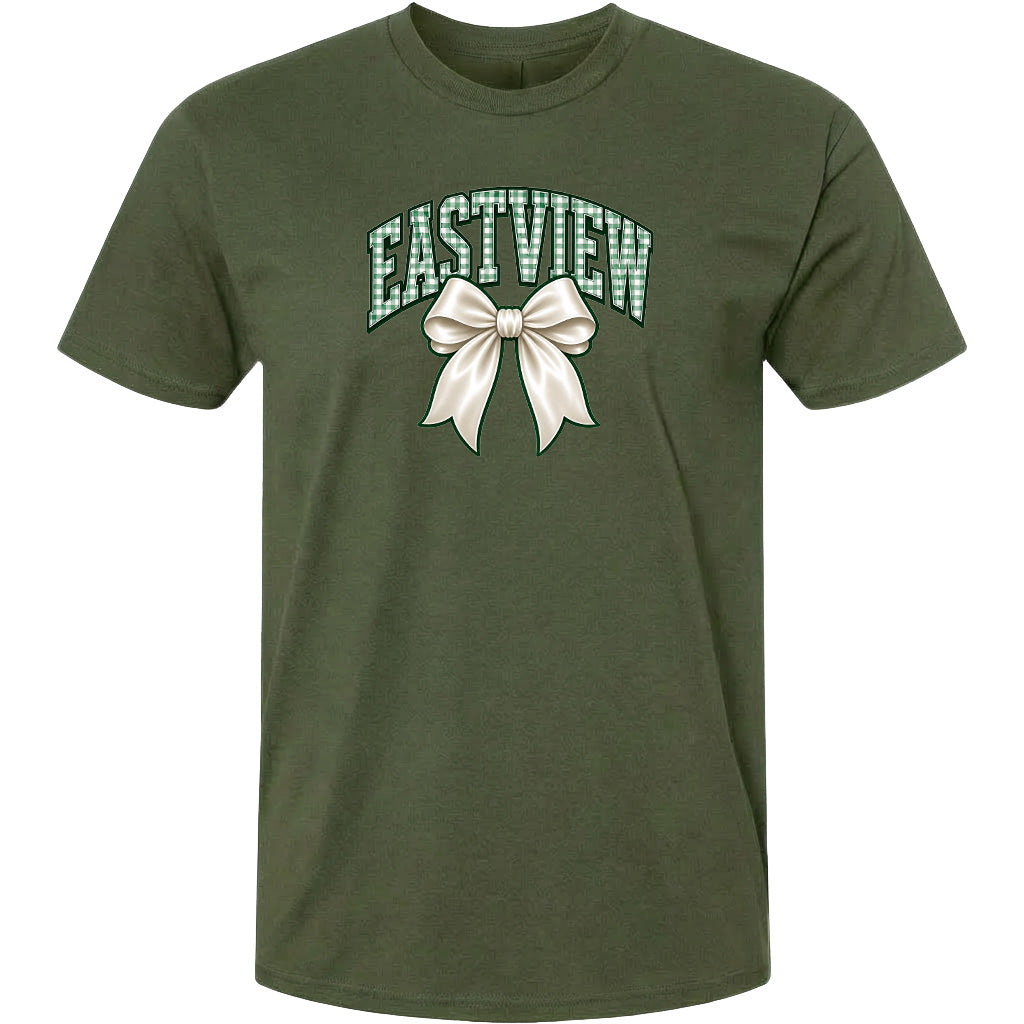 A green t-shirt with a graphic design featuring a white bow and the word "EASTVIEW" printed on it.