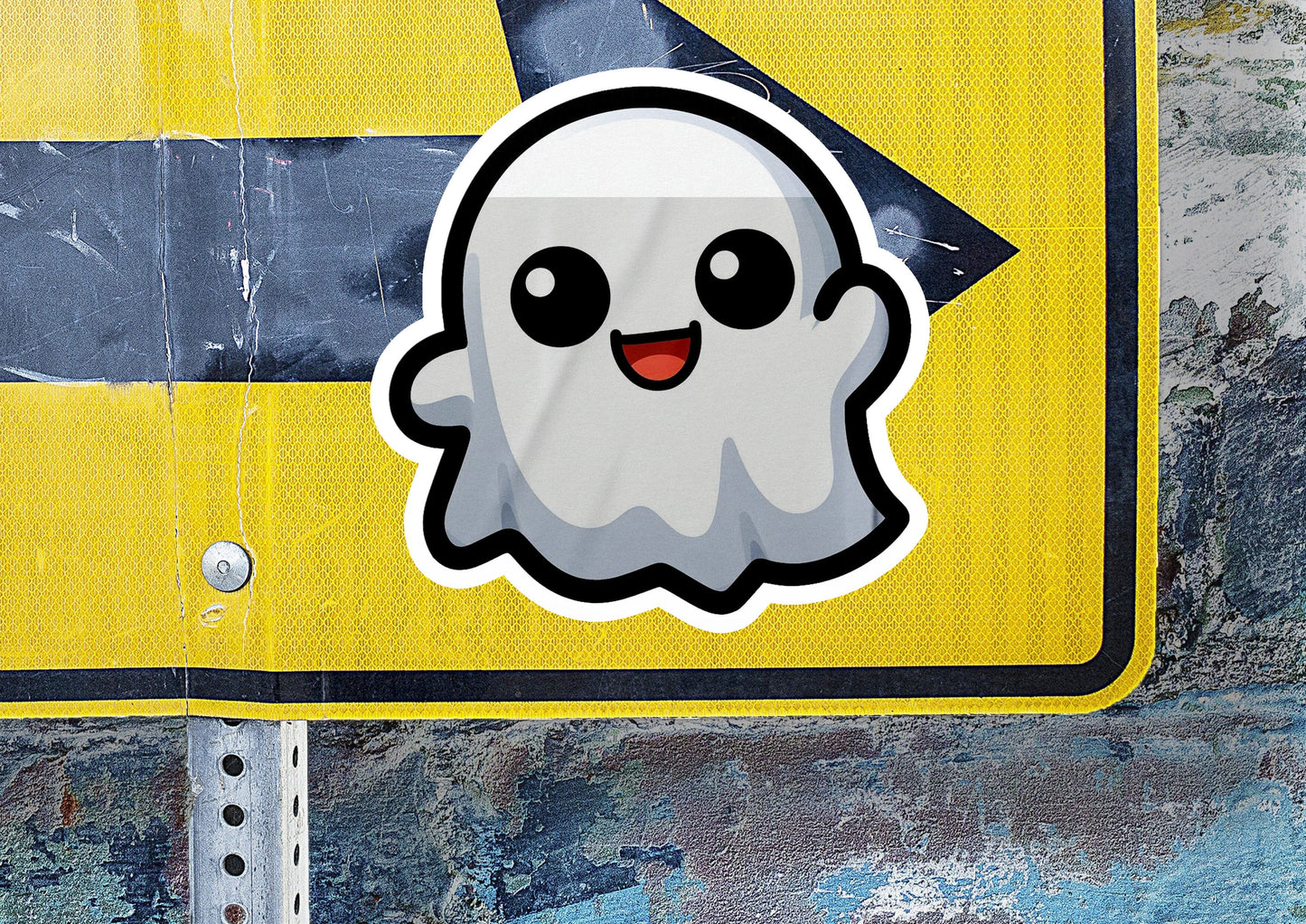 a sticker of a ghost on a street sign