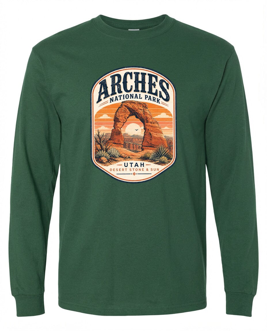 ADULT Arches National Park Badge Chest Logo T Shirt | Hoodie | Long Sleeve | Sweatshirt | Crew Neck | Tank Top 1 Fiesta Doodle waterproof vinyl sticker. dishwasher safe outdoor sticker.