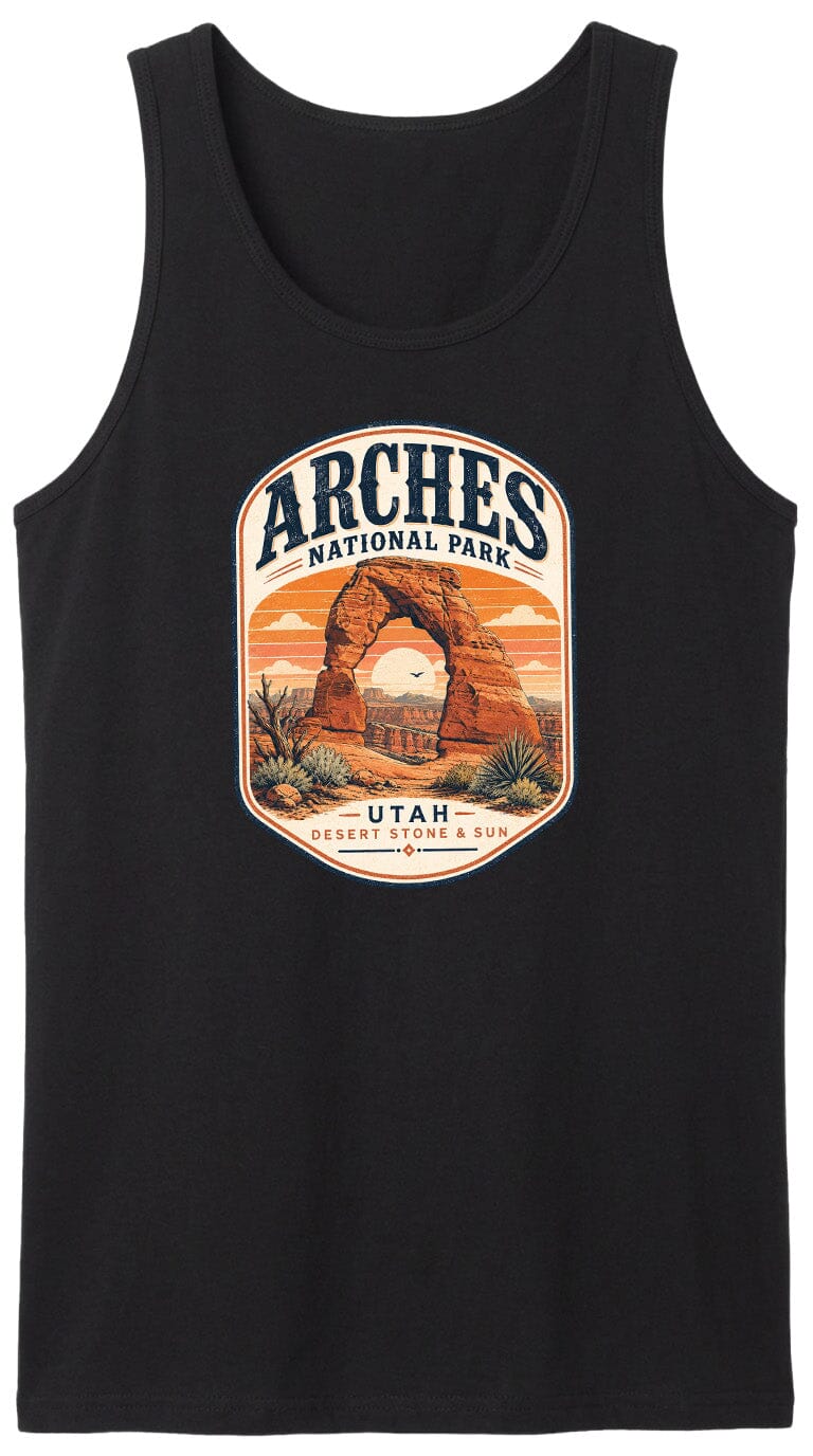 ADULT Arches National Park Badge Chest Logo T Shirt | Hoodie | Long Sleeve | Sweatshirt | Crew Neck | Tank Top 1 Fiesta Doodle waterproof vinyl sticker. dishwasher safe outdoor sticker.