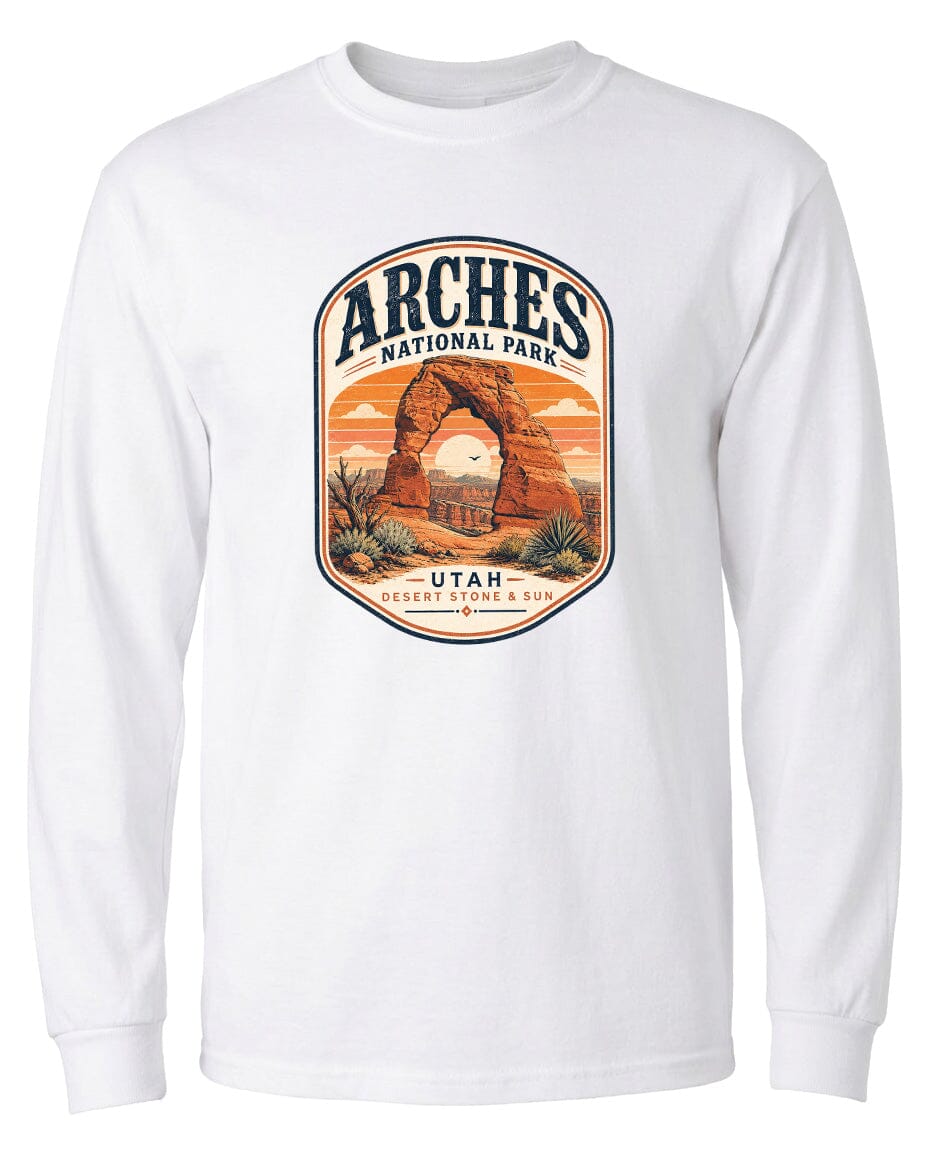ADULT Arches National Park Badge Chest Logo T Shirt | Hoodie | Long Sleeve | Sweatshirt | Crew Neck | Tank Top 1 Fiesta Doodle waterproof vinyl sticker. dishwasher safe outdoor sticker.