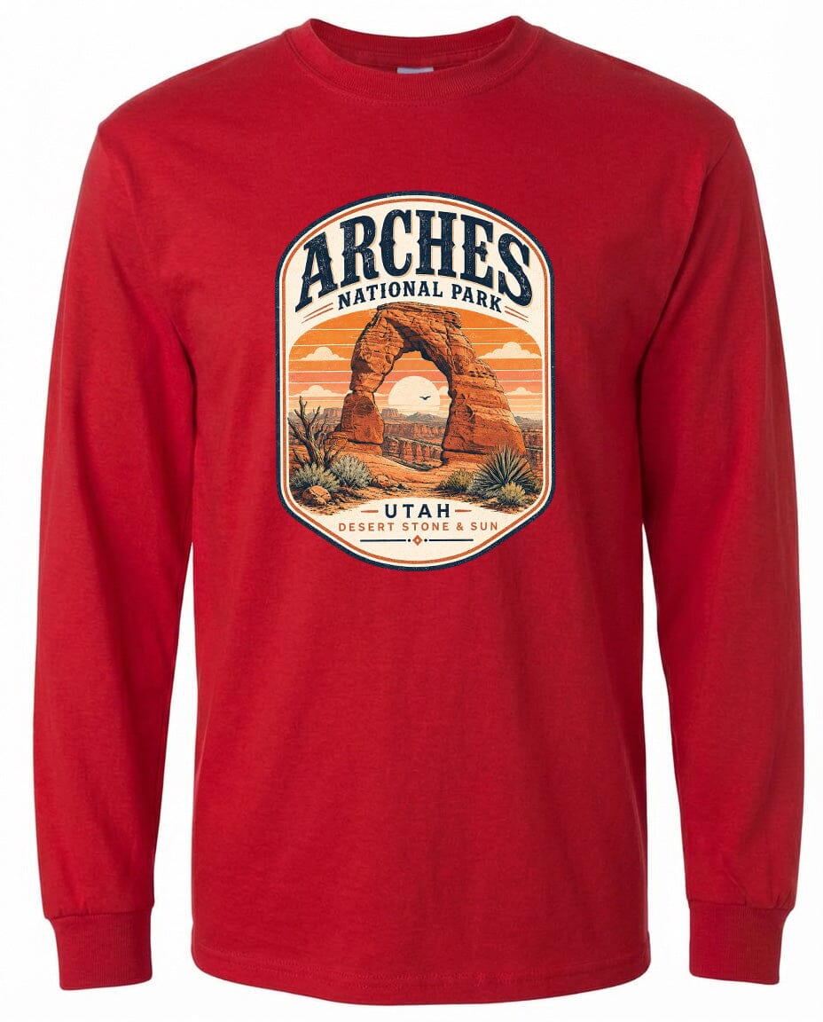 ADULT Arches National Park Badge Chest Logo T Shirt | Hoodie | Long Sleeve | Sweatshirt | Crew Neck | Tank Top 1 Fiesta Doodle waterproof vinyl sticker. dishwasher safe outdoor sticker.