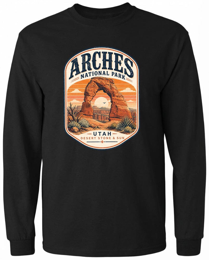 ADULT Arches National Park Badge Chest Logo T Shirt | Hoodie | Long Sleeve | Sweatshirt | Crew Neck | Tank Top 1 Fiesta Doodle waterproof vinyl sticker. dishwasher safe outdoor sticker.