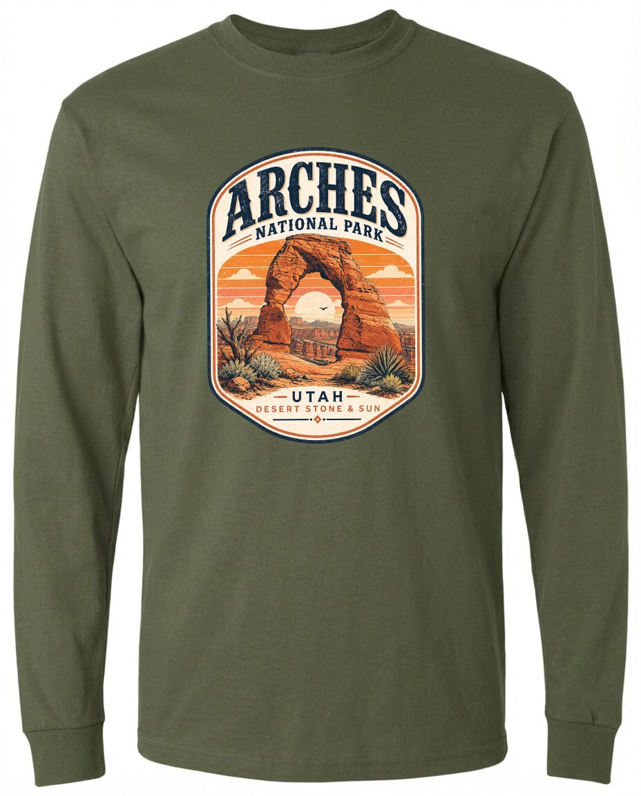 ADULT Arches National Park Badge Chest Logo T Shirt | Hoodie | Long Sleeve | Sweatshirt | Crew Neck | Tank Top 1 Fiesta Doodle waterproof vinyl sticker. dishwasher safe outdoor sticker.