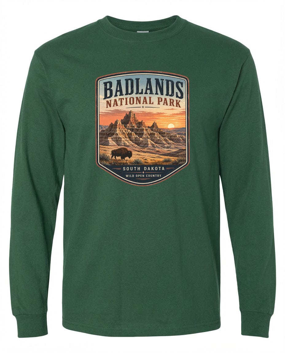 ADULT Badlands National Park Badge Chest Logo T Shirt | Hoodie | Long Sleeve | Sweatshirt | Crew Neck | Tank Top 1 Fiesta Doodle waterproof vinyl sticker. dishwasher safe outdoor sticker.