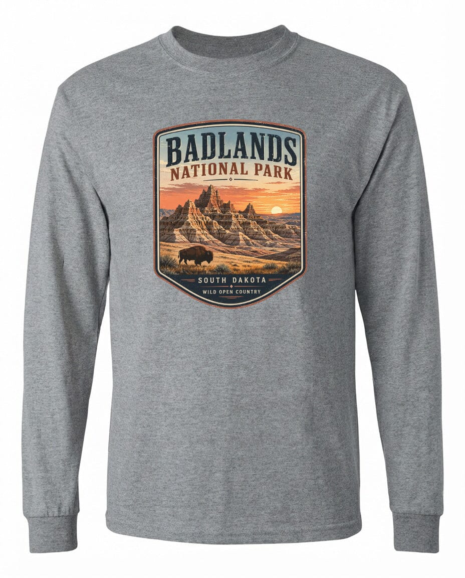 ADULT Badlands National Park Badge Chest Logo T Shirt | Hoodie | Long Sleeve | Sweatshirt | Crew Neck | Tank Top 1 Fiesta Doodle waterproof vinyl sticker. dishwasher safe outdoor sticker.