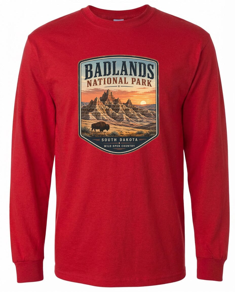 ADULT Badlands National Park Badge Chest Logo T Shirt | Hoodie | Long Sleeve | Sweatshirt | Crew Neck | Tank Top 1 Fiesta Doodle waterproof vinyl sticker. dishwasher safe outdoor sticker.