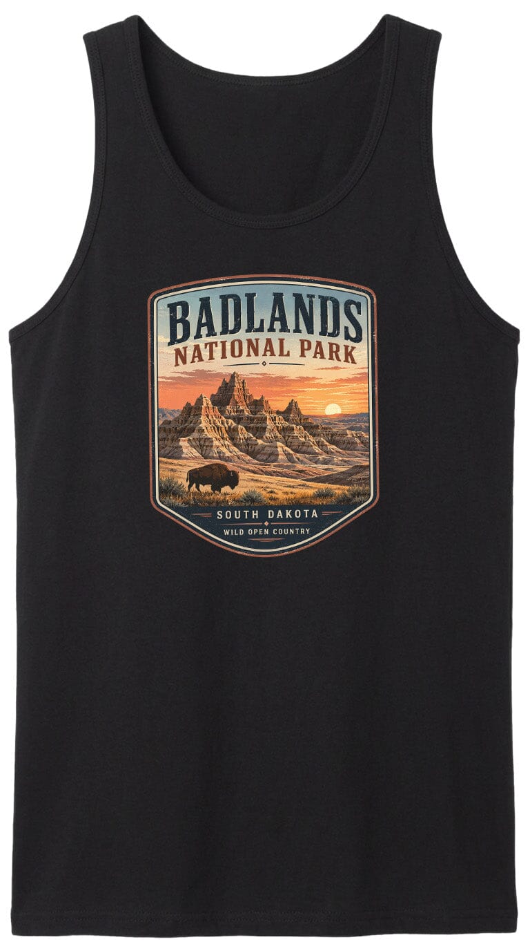 ADULT Badlands National Park Badge Chest Logo T Shirt | Hoodie | Long Sleeve | Sweatshirt | Crew Neck | Tank Top 1 Fiesta Doodle waterproof vinyl sticker. dishwasher safe outdoor sticker.