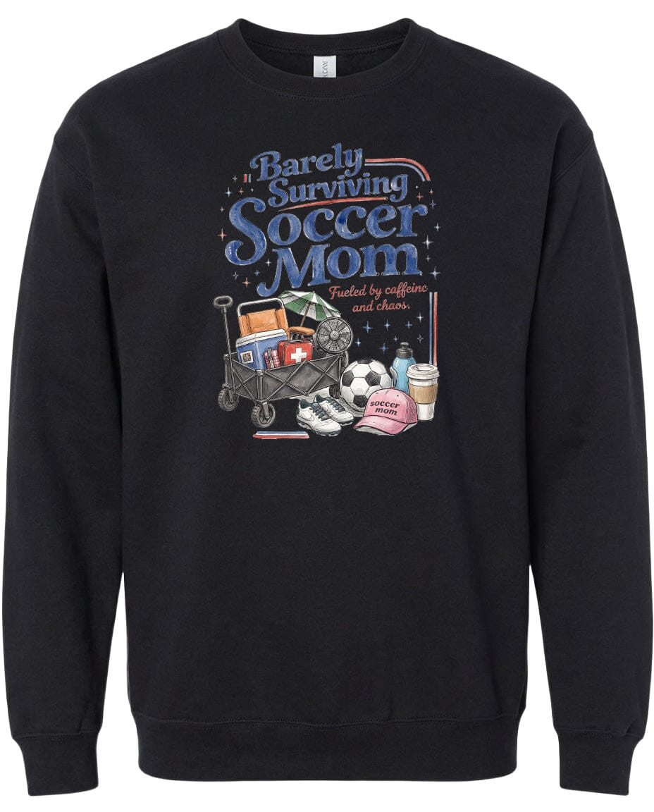 ADULT Barely Surviving Soccer Mom Chest Logo T Shirt | Hoodie | Long Sleeve | Sweatshirt | Crew Neck | Tank Top Fiesta Doodle waterproof vinyl sticker. dishwasher safe outdoor sticker.