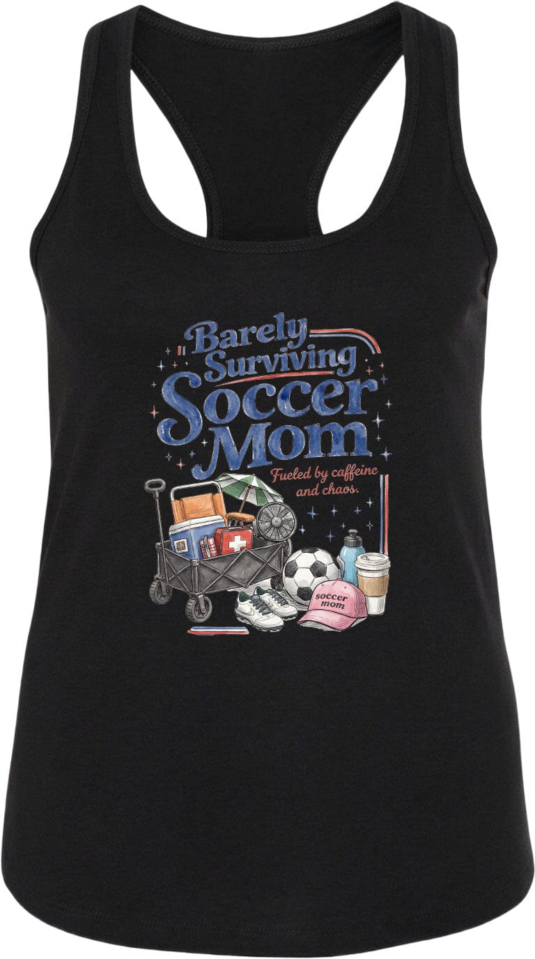 ADULT Barely Surviving Soccer Mom Chest Logo T Shirt | Hoodie | Long Sleeve | Sweatshirt | Crew Neck | Tank Top Fiesta Doodle waterproof vinyl sticker. dishwasher safe outdoor sticker.