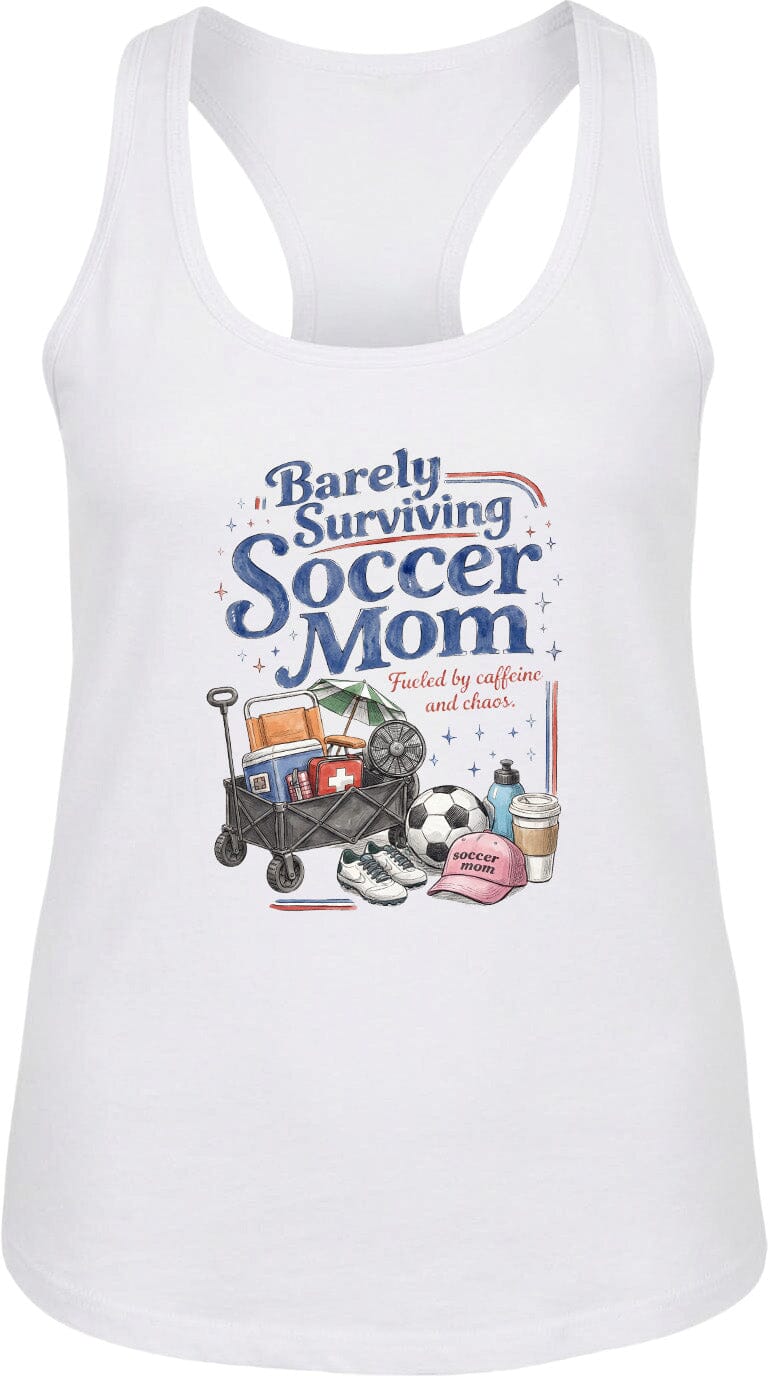 ADULT Barely Surviving Soccer Mom Chest Logo T Shirt | Hoodie | Long Sleeve | Sweatshirt | Crew Neck | Tank Top Fiesta Doodle waterproof vinyl sticker. dishwasher safe outdoor sticker.