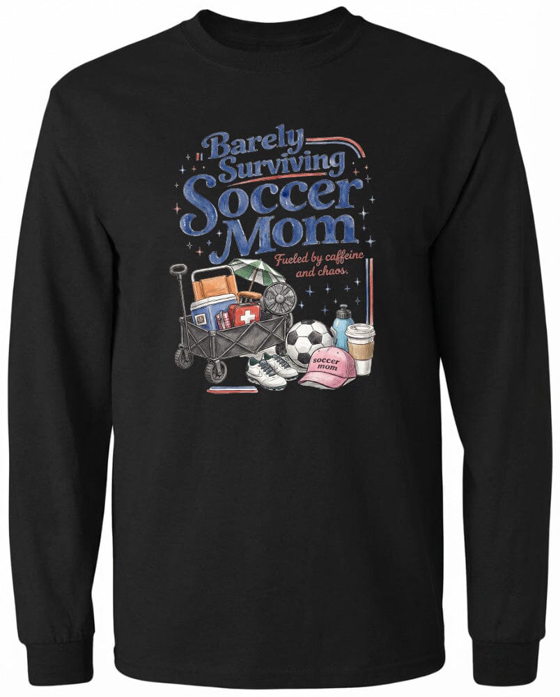 ADULT Barely Surviving Soccer Mom Chest Logo T Shirt | Hoodie | Long Sleeve | Sweatshirt | Crew Neck | Tank Top Fiesta Doodle waterproof vinyl sticker. dishwasher safe outdoor sticker.
