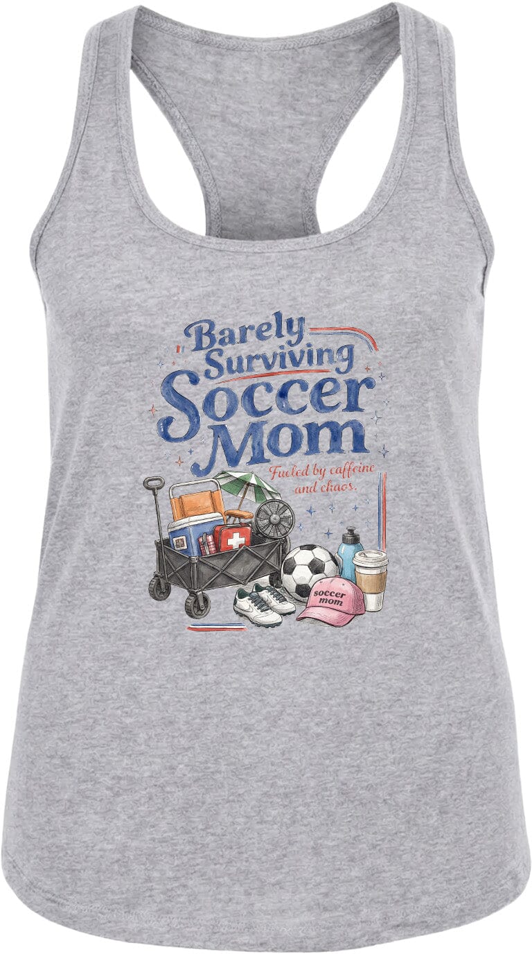 ADULT Barely Surviving Soccer Mom Chest Logo T Shirt | Hoodie | Long Sleeve | Sweatshirt | Crew Neck | Tank Top Fiesta Doodle waterproof vinyl sticker. dishwasher safe outdoor sticker.