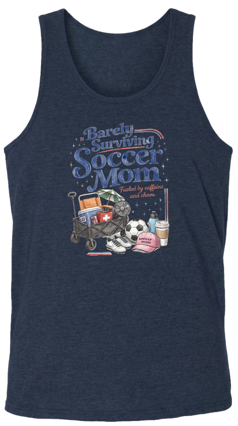 ADULT Barely Surviving Soccer Mom Chest Logo T Shirt | Hoodie | Long Sleeve | Sweatshirt | Crew Neck | Tank Top Fiesta Doodle waterproof vinyl sticker. dishwasher safe outdoor sticker.