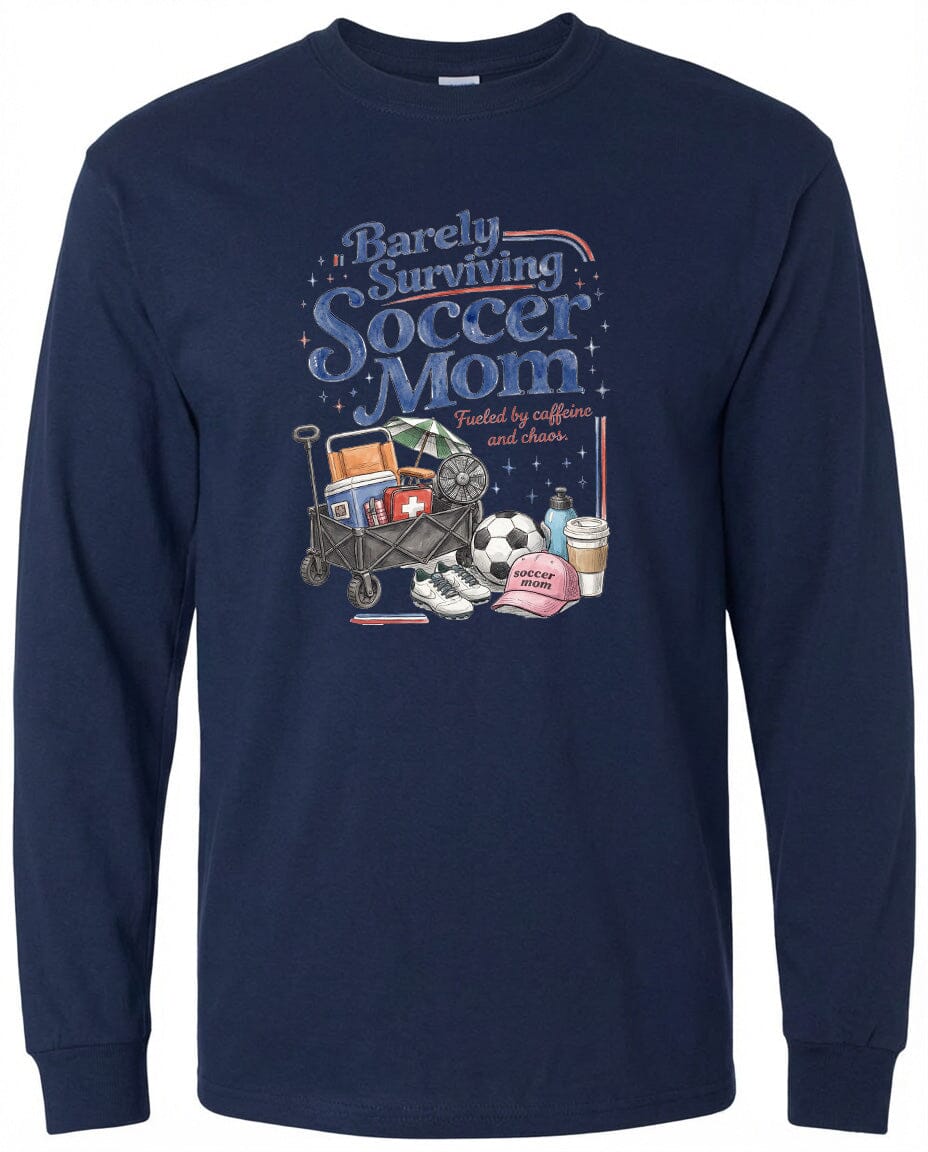 ADULT Barely Surviving Soccer Mom Chest Logo T Shirt | Hoodie | Long Sleeve | Sweatshirt | Crew Neck | Tank Top Fiesta Doodle waterproof vinyl sticker. dishwasher safe outdoor sticker.