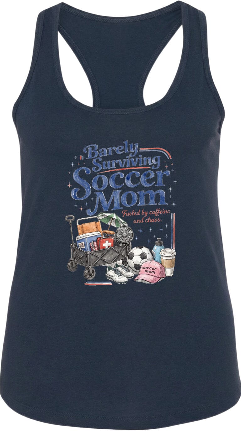 ADULT Barely Surviving Soccer Mom Chest Logo T Shirt | Hoodie | Long Sleeve | Sweatshirt | Crew Neck | Tank Top Fiesta Doodle waterproof vinyl sticker. dishwasher safe outdoor sticker.