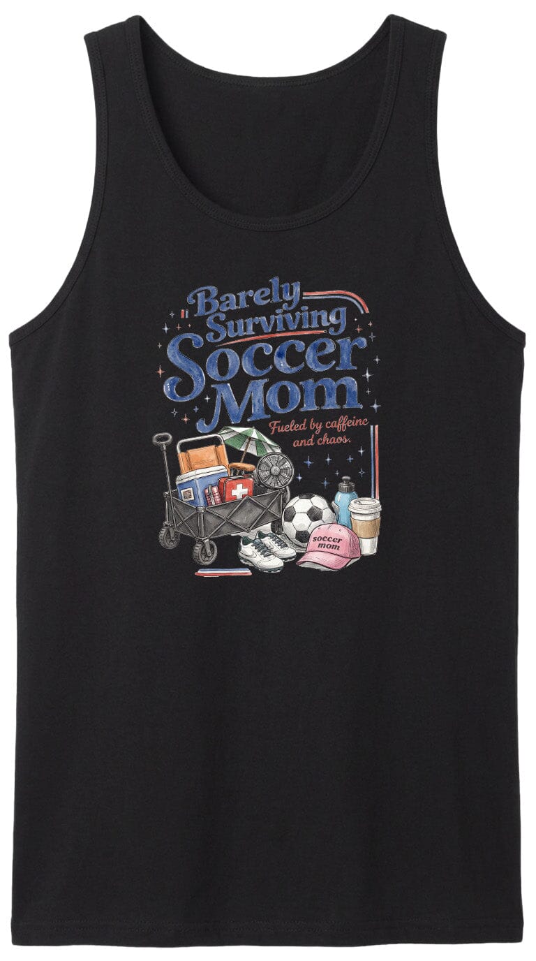 ADULT Barely Surviving Soccer Mom Chest Logo T Shirt | Hoodie | Long Sleeve | Sweatshirt | Crew Neck | Tank Top Fiesta Doodle waterproof vinyl sticker. dishwasher safe outdoor sticker.
