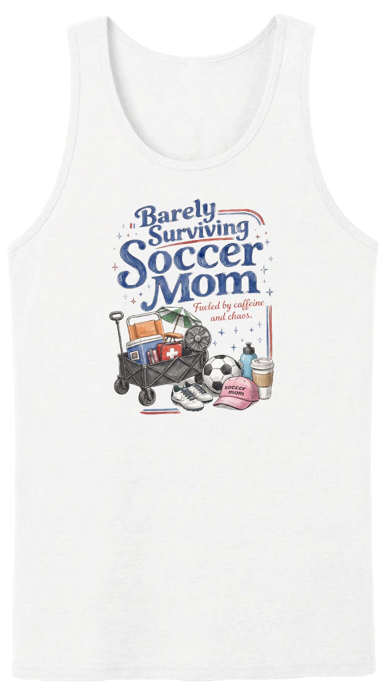 ADULT Barely Surviving Soccer Mom Chest Logo T Shirt | Hoodie | Long Sleeve | Sweatshirt | Crew Neck | Tank Top Fiesta Doodle waterproof vinyl sticker. dishwasher safe outdoor sticker.