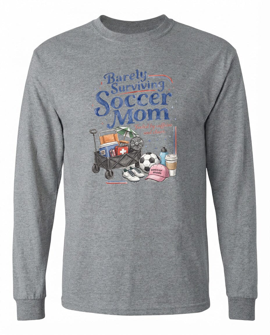 ADULT Barely Surviving Soccer Mom Chest Logo T Shirt | Hoodie | Long Sleeve | Sweatshirt | Crew Neck | Tank Top Fiesta Doodle waterproof vinyl sticker. dishwasher safe outdoor sticker.