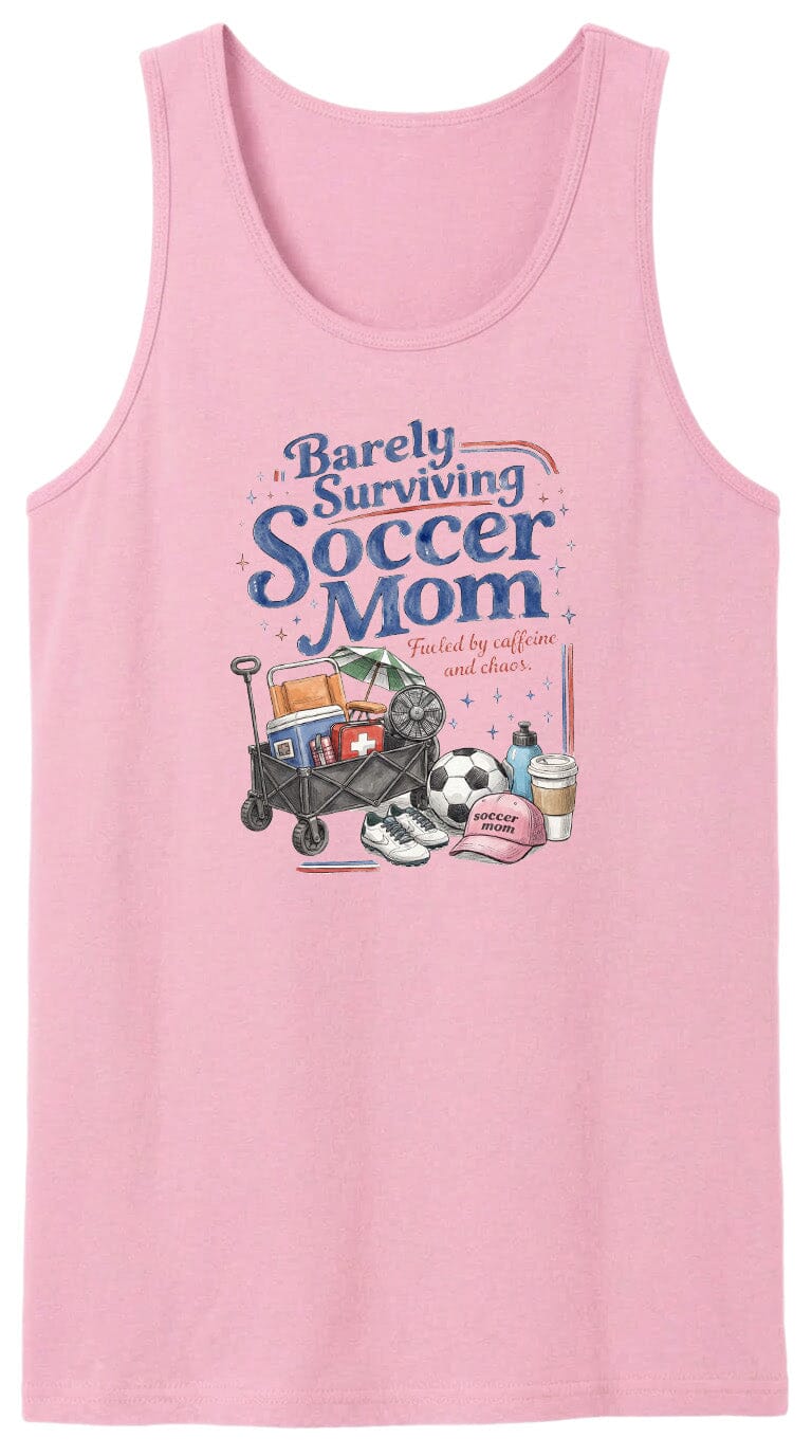 ADULT Barely Surviving Soccer Mom Chest Logo T Shirt | Hoodie | Long Sleeve | Sweatshirt | Crew Neck | Tank Top Fiesta Doodle waterproof vinyl sticker. dishwasher safe outdoor sticker.