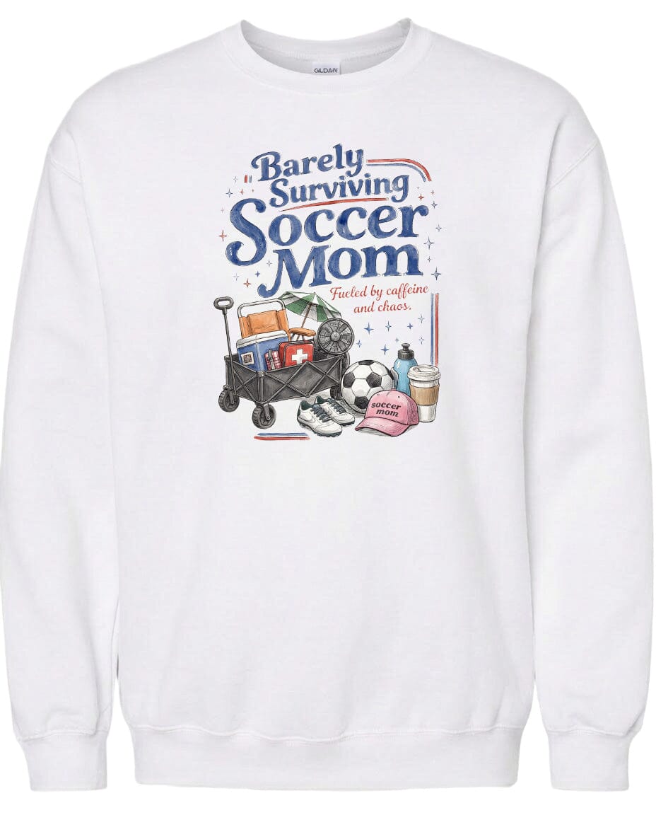 ADULT Barely Surviving Soccer Mom Chest Logo T Shirt | Hoodie | Long Sleeve | Sweatshirt | Crew Neck | Tank Top Fiesta Doodle waterproof vinyl sticker. dishwasher safe outdoor sticker.