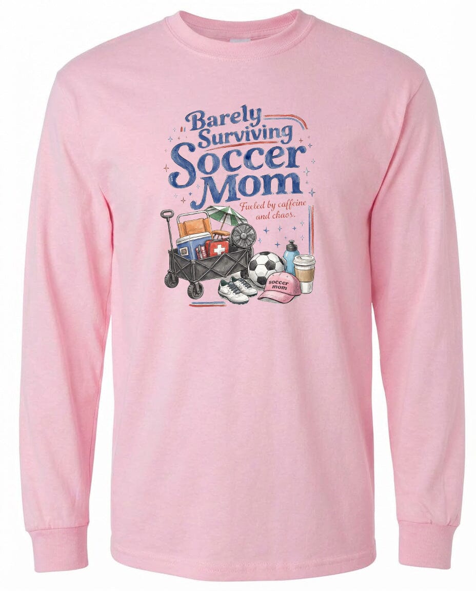 ADULT Barely Surviving Soccer Mom Chest Logo T Shirt | Hoodie | Long Sleeve | Sweatshirt | Crew Neck | Tank Top Fiesta Doodle waterproof vinyl sticker. dishwasher safe outdoor sticker.