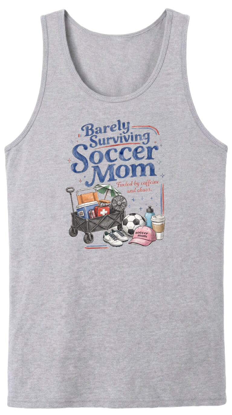 ADULT Barely Surviving Soccer Mom Chest Logo T Shirt | Hoodie | Long Sleeve | Sweatshirt | Crew Neck | Tank Top Fiesta Doodle waterproof vinyl sticker. dishwasher safe outdoor sticker.