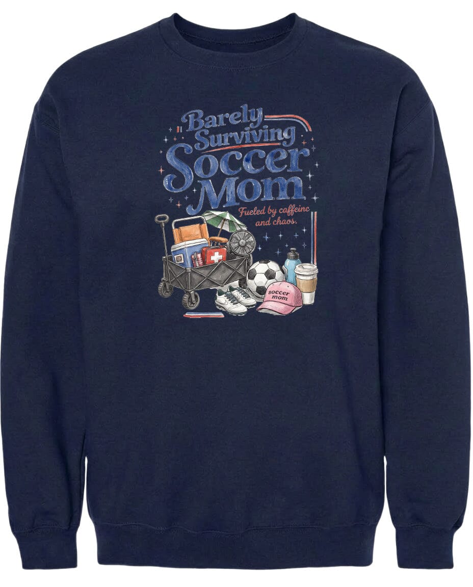 ADULT Barely Surviving Soccer Mom Chest Logo T Shirt | Hoodie | Long Sleeve | Sweatshirt | Crew Neck | Tank Top Fiesta Doodle waterproof vinyl sticker. dishwasher safe outdoor sticker.