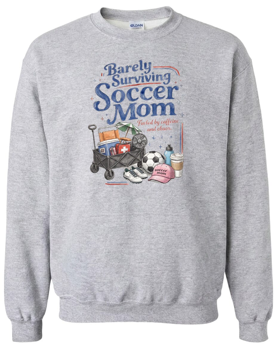 ADULT Barely Surviving Soccer Mom Chest Logo T Shirt | Hoodie | Long Sleeve | Sweatshirt | Crew Neck | Tank Top Fiesta Doodle waterproof vinyl sticker. dishwasher safe outdoor sticker.