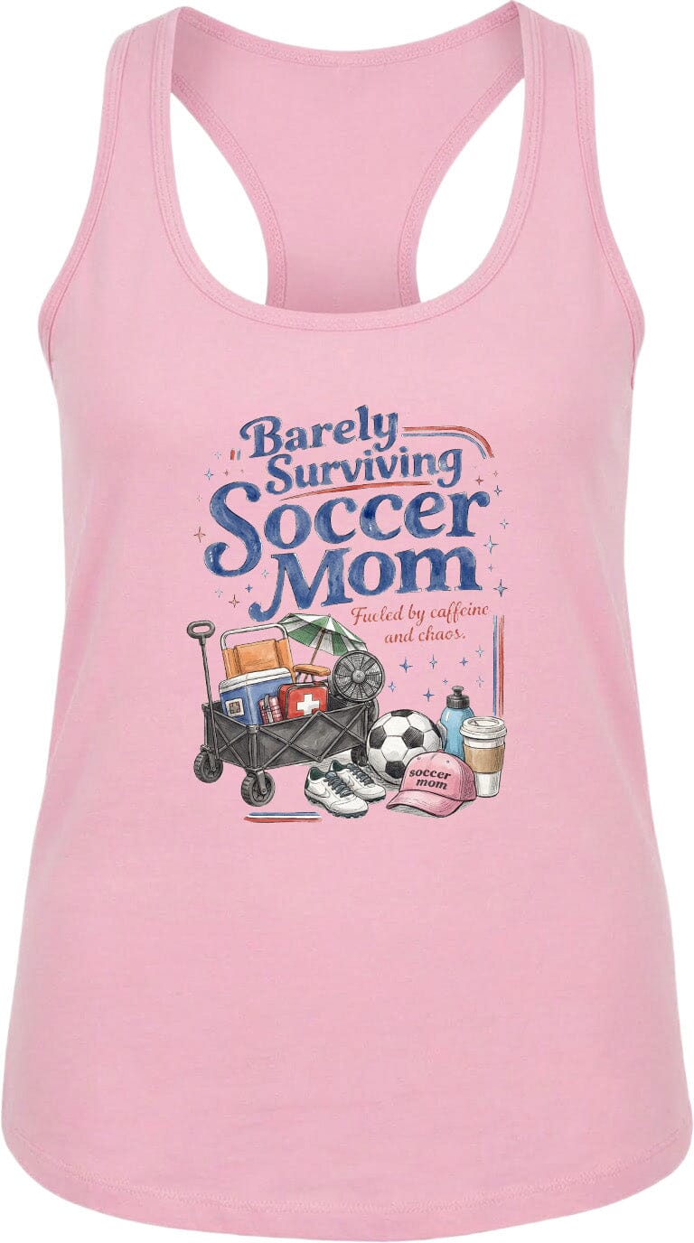 ADULT Barely Surviving Soccer Mom Chest Logo T Shirt | Hoodie | Long Sleeve | Sweatshirt | Crew Neck | Tank Top Fiesta Doodle waterproof vinyl sticker. dishwasher safe outdoor sticker.