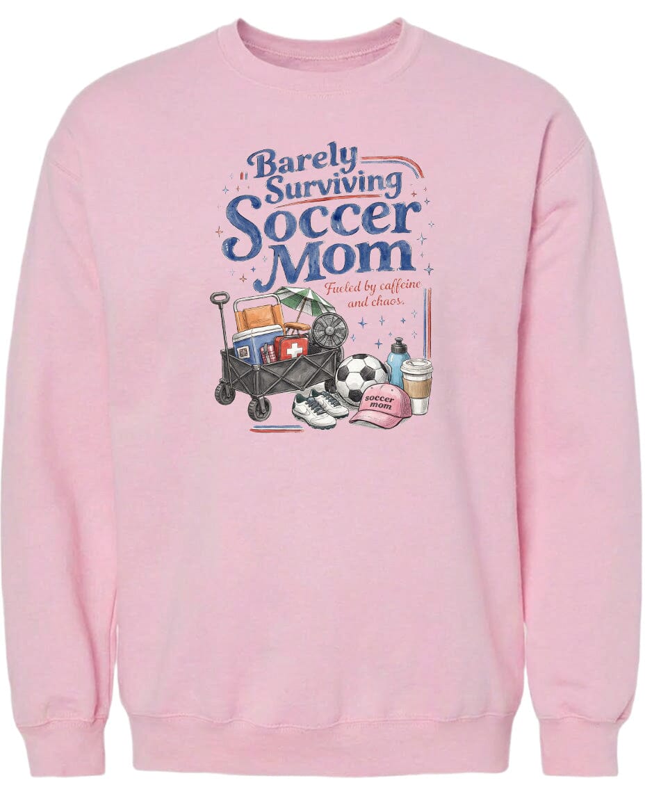 ADULT Barely Surviving Soccer Mom Chest Logo T Shirt | Hoodie | Long Sleeve | Sweatshirt | Crew Neck | Tank Top Fiesta Doodle waterproof vinyl sticker. dishwasher safe outdoor sticker.