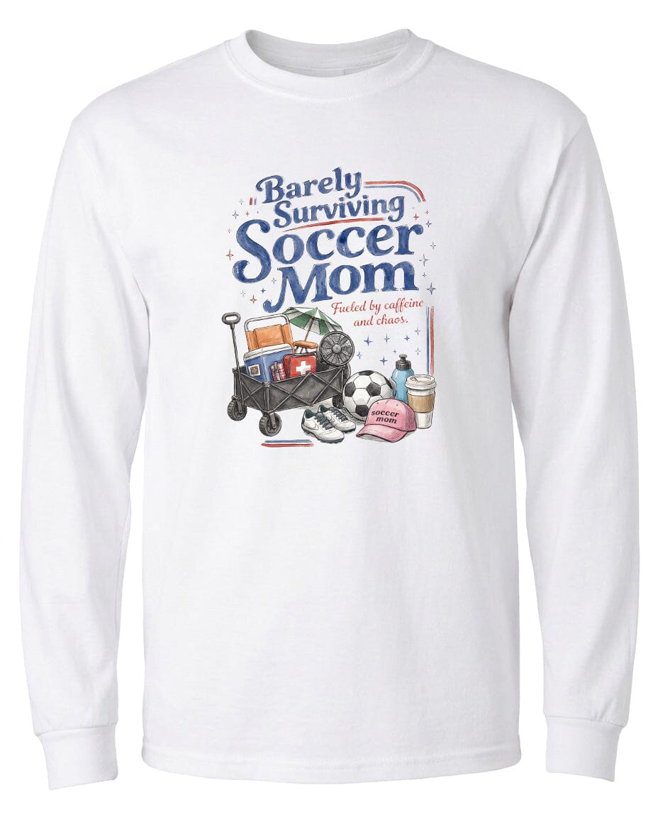 ADULT Barely Surviving Soccer Mom Chest Logo T Shirt | Hoodie | Long Sleeve | Sweatshirt | Crew Neck | Tank Top Fiesta Doodle waterproof vinyl sticker. dishwasher safe outdoor sticker.