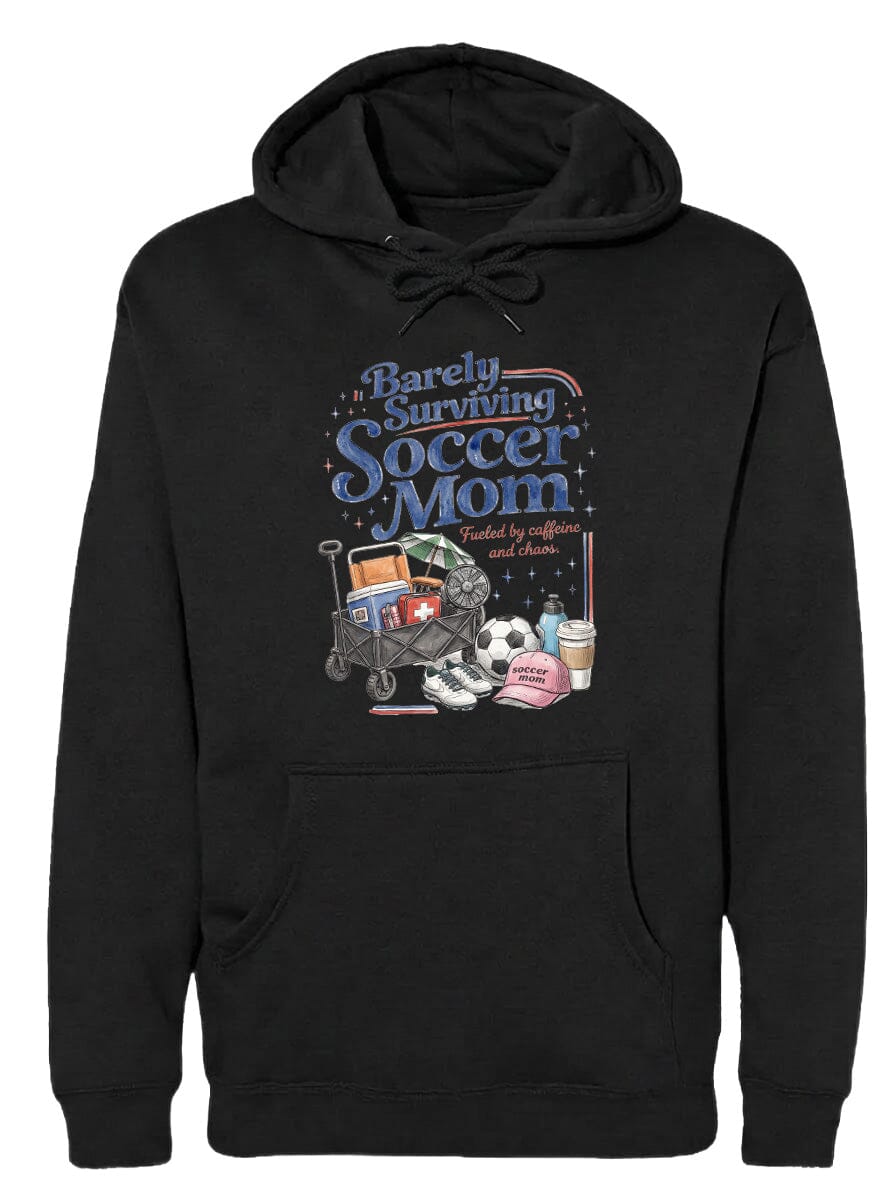 ADULT Barely Surviving Soccer Mom Chest Logo T Shirt | Hoodie | Long Sleeve | Sweatshirt | Crew Neck | Tank Top Fiesta Doodle Heavyweight Hoodie S Black waterproof vinyl sticker. dishwasher safe outdoor sticker.