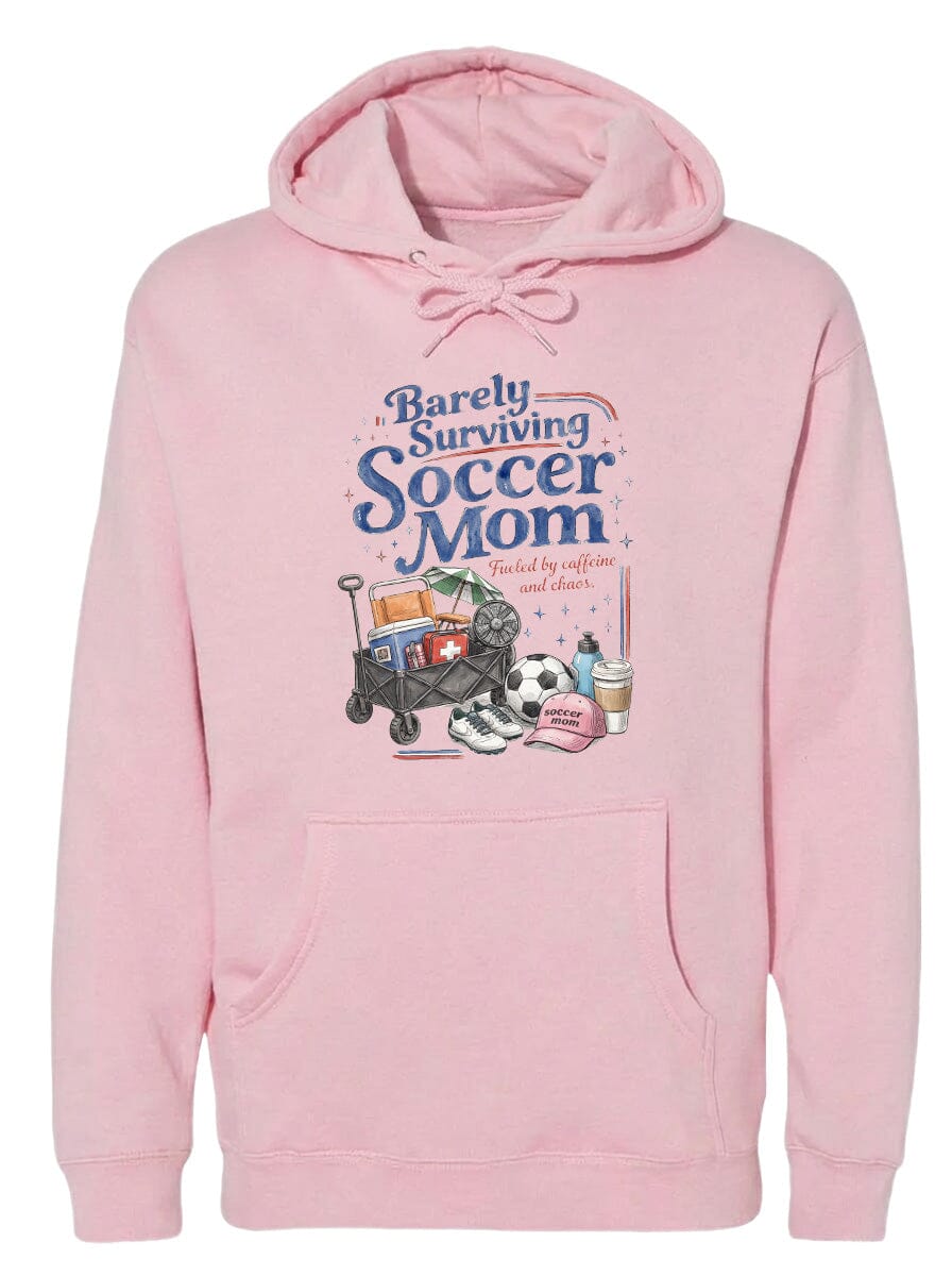 ADULT Barely Surviving Soccer Mom Chest Logo T Shirt | Hoodie | Long Sleeve | Sweatshirt | Crew Neck | Tank Top Fiesta Doodle Heavyweight Hoodie S Light Pink waterproof vinyl sticker. dishwasher safe outdoor sticker.