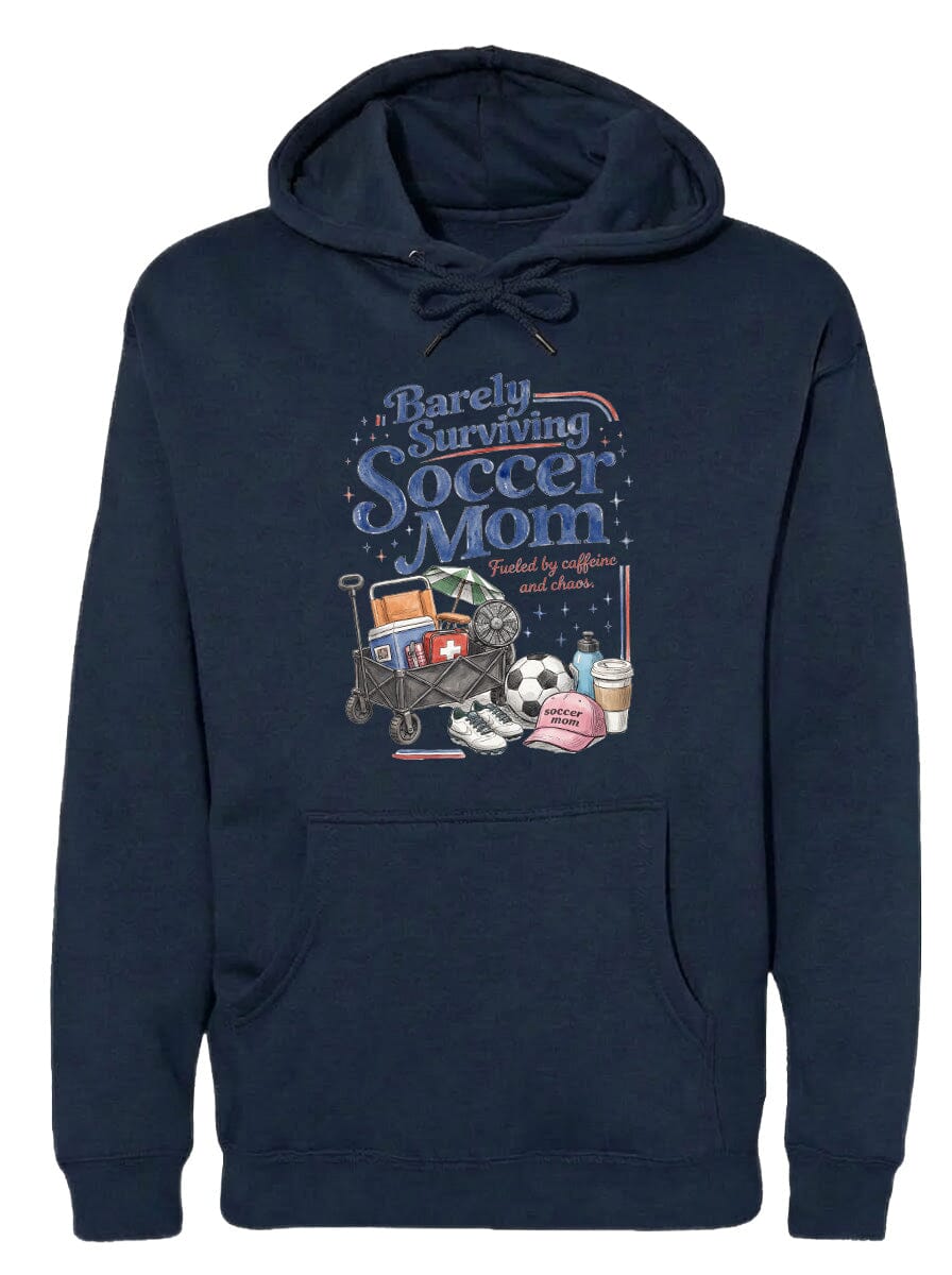 ADULT Barely Surviving Soccer Mom Chest Logo T Shirt | Hoodie | Long Sleeve | Sweatshirt | Crew Neck | Tank Top Fiesta Doodle Heavyweight Hoodie S Navy waterproof vinyl sticker. dishwasher safe outdoor sticker.