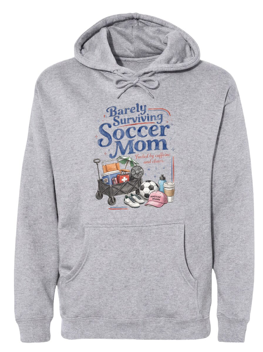 ADULT Barely Surviving Soccer Mom Chest Logo T Shirt | Hoodie | Long Sleeve | Sweatshirt | Crew Neck | Tank Top Fiesta Doodle Heavyweight Hoodie S Sport Gray waterproof vinyl sticker. dishwasher safe outdoor sticker.