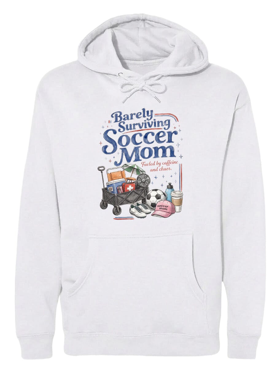 ADULT Barely Surviving Soccer Mom Chest Logo T Shirt | Hoodie | Long Sleeve | Sweatshirt | Crew Neck | Tank Top Fiesta Doodle Heavyweight Hoodie S White waterproof vinyl sticker. dishwasher safe outdoor sticker.