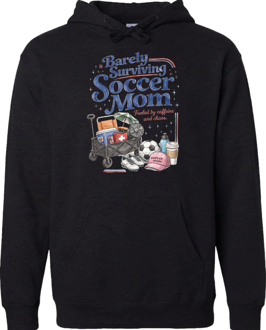 ADULT Barely Surviving Soccer Mom Chest Logo T Shirt | Hoodie | Long Sleeve | Sweatshirt | Crew Neck | Tank Top Fiesta Doodle Midweight Hoodie XS Black waterproof vinyl sticker. dishwasher safe outdoor sticker.