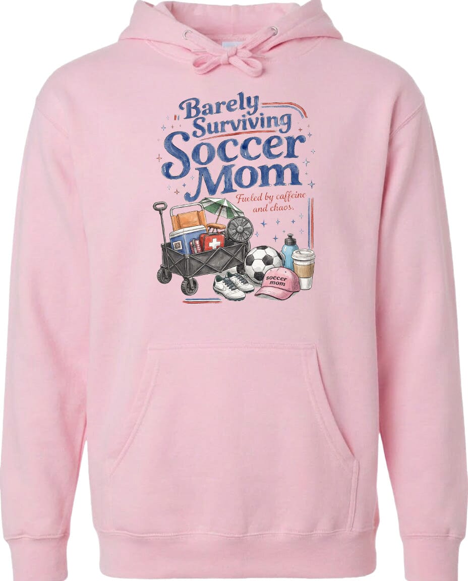 ADULT Barely Surviving Soccer Mom Chest Logo T Shirt | Hoodie | Long Sleeve | Sweatshirt | Crew Neck | Tank Top Fiesta Doodle Midweight Hoodie XS Light Pink waterproof vinyl sticker. dishwasher safe outdoor sticker.