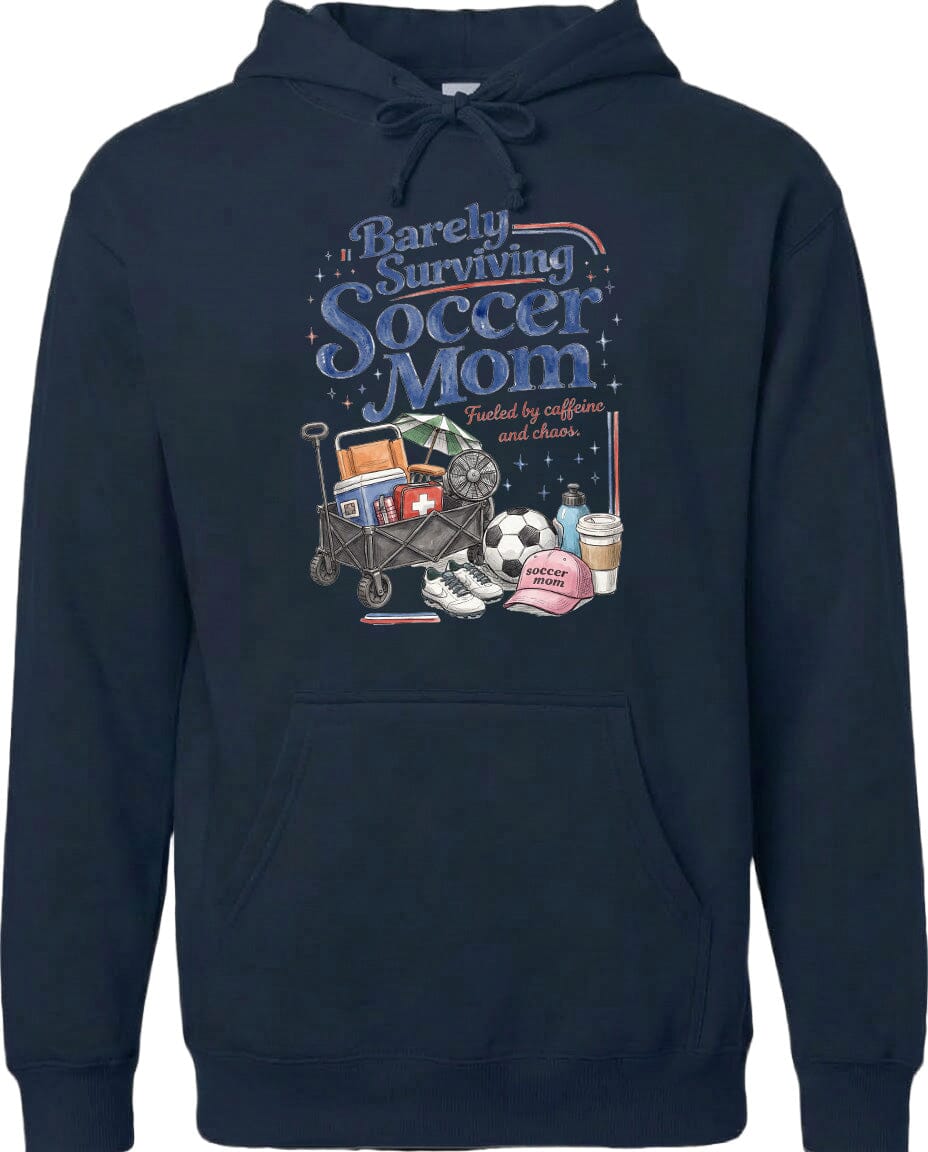 ADULT Barely Surviving Soccer Mom Chest Logo T Shirt | Hoodie | Long Sleeve | Sweatshirt | Crew Neck | Tank Top Fiesta Doodle Midweight Hoodie XS Navy waterproof vinyl sticker. dishwasher safe outdoor sticker.