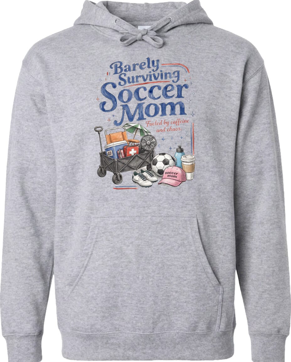 ADULT Barely Surviving Soccer Mom Chest Logo T Shirt | Hoodie | Long Sleeve | Sweatshirt | Crew Neck | Tank Top Fiesta Doodle Midweight Hoodie XS Sport Gray waterproof vinyl sticker. dishwasher safe outdoor sticker.