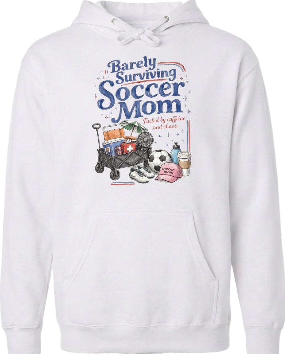 ADULT Barely Surviving Soccer Mom Chest Logo T Shirt | Hoodie | Long Sleeve | Sweatshirt | Crew Neck | Tank Top Fiesta Doodle Midweight Hoodie XS White waterproof vinyl sticker. dishwasher safe outdoor sticker.